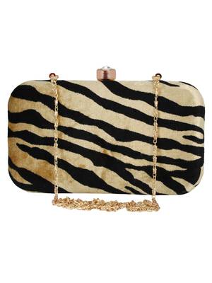 Feral Animal Print Velvet Fabric Clutch Beige & Black 1