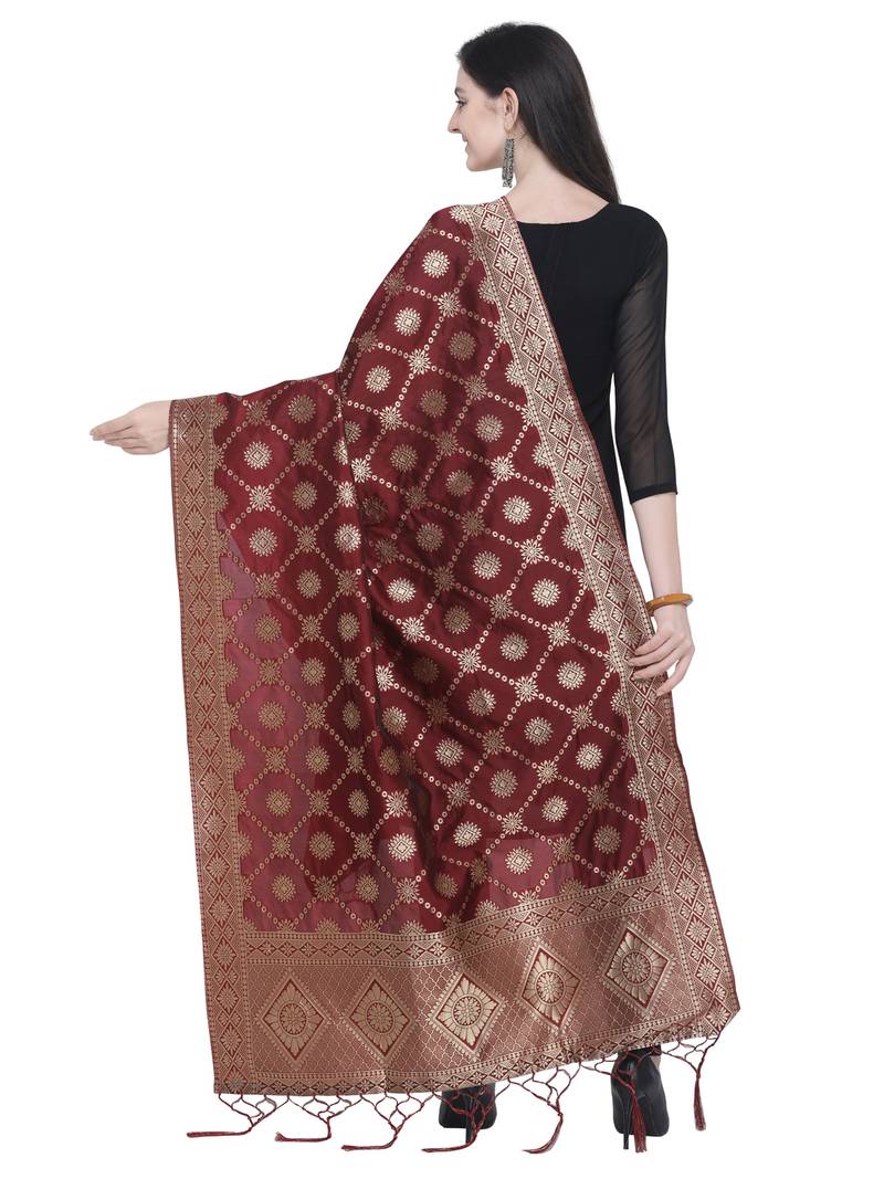 Maroon Poly Silk Banarasi Womens Dupatta