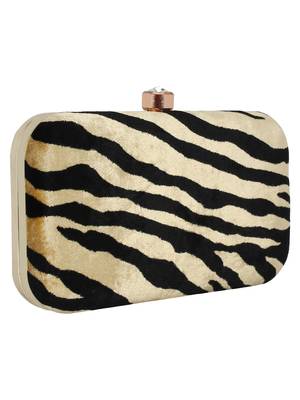 Feral Animal Print Velvet Fabric Clutch Beige & Black 2