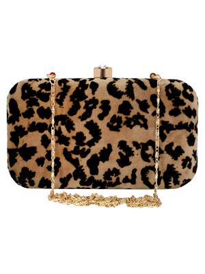 Feral Animal Print Velvet Fabric Clutch Beige & Black 1