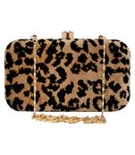 Feral Animal Print Velvet Fabric Clutch Beige & Black