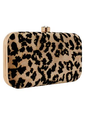 Feral Animal Print Velvet Fabric Clutch Beige & Black 2