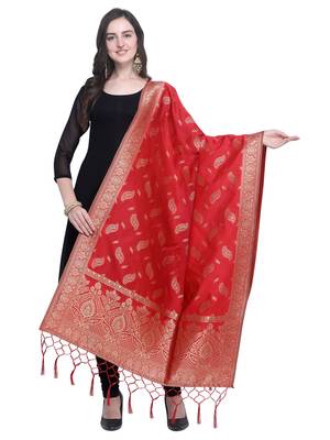 Red Poly Silk Banarasi Womens Dupatta 1