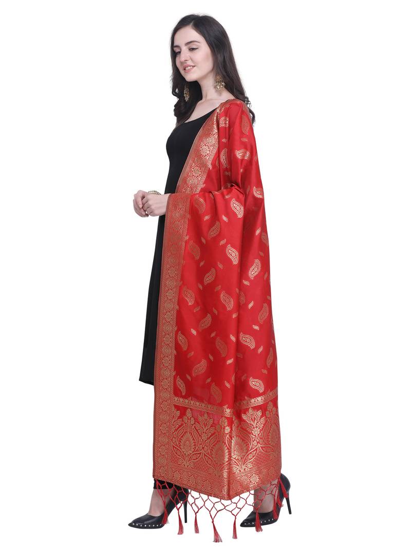 Red Poly Silk Banarasi Womens Dupatta