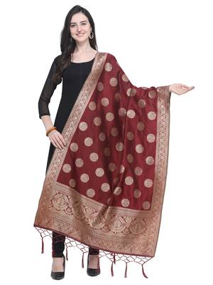 Maroon Poly Silk Banarasi Womens Dupatta 1