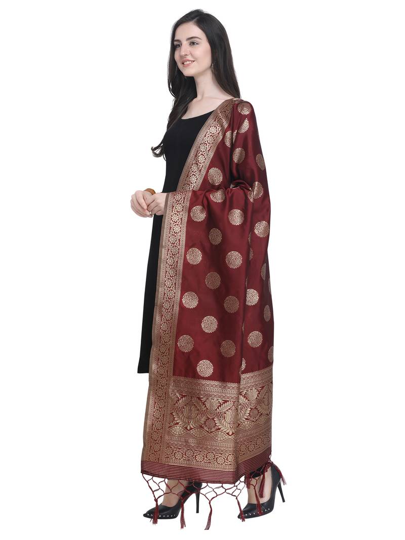 Maroon Poly Silk Banarasi Womens Dupatta