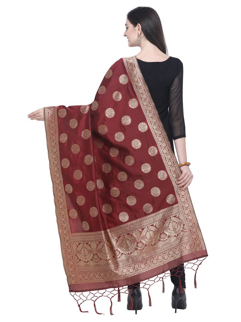 Maroon Poly Silk Banarasi Womens Dupatta