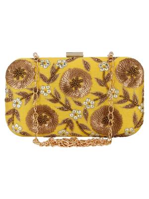 Adorn Embroidered & Embelished Party Clutch Yellow & Gold 1