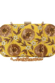 Adorn Embroidered & Embelished Party Clutch Yellow & Gold