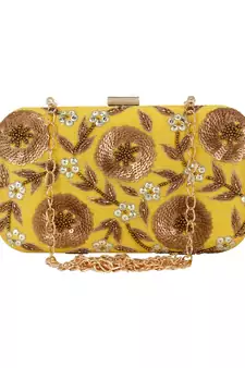 Adorn Embroidered & Embelished Party Clutch Yellow & Gold