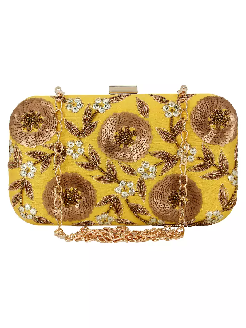 Adorn Embroidered & Embelished Party Clutch Yellow & Gold