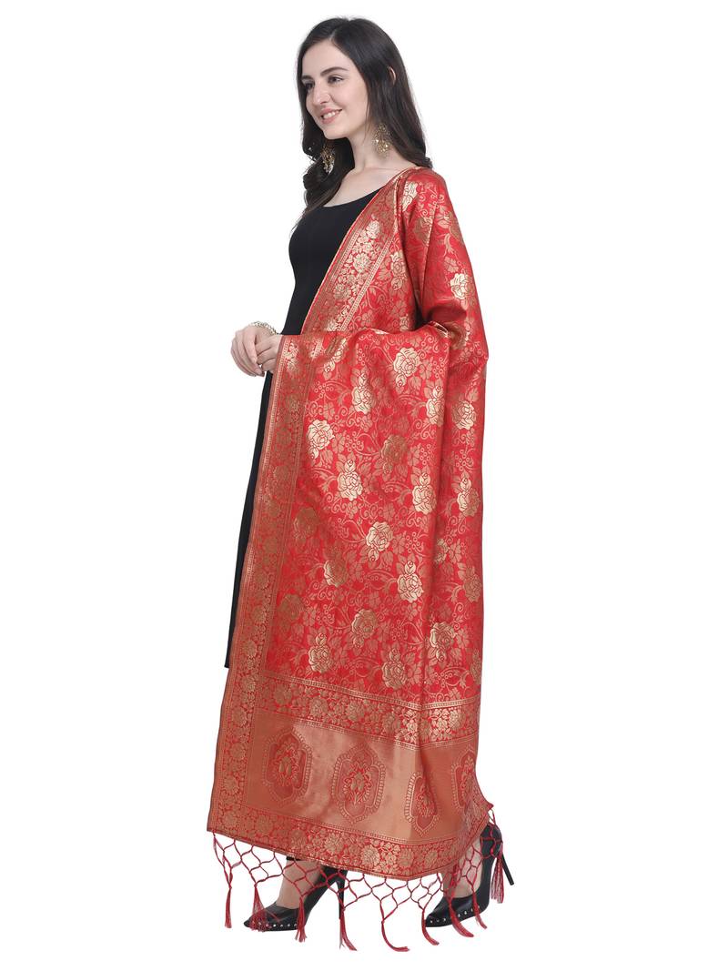 Red Poly Silk Banarasi Womens Dupatta