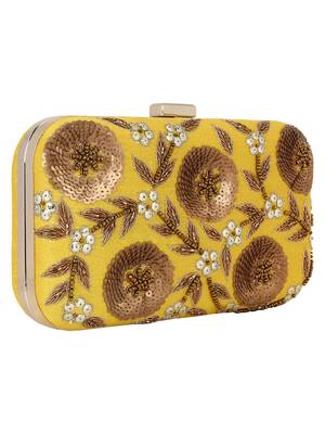Adorn Embroidered & Embelished Party Clutch Yellow & Gold 2