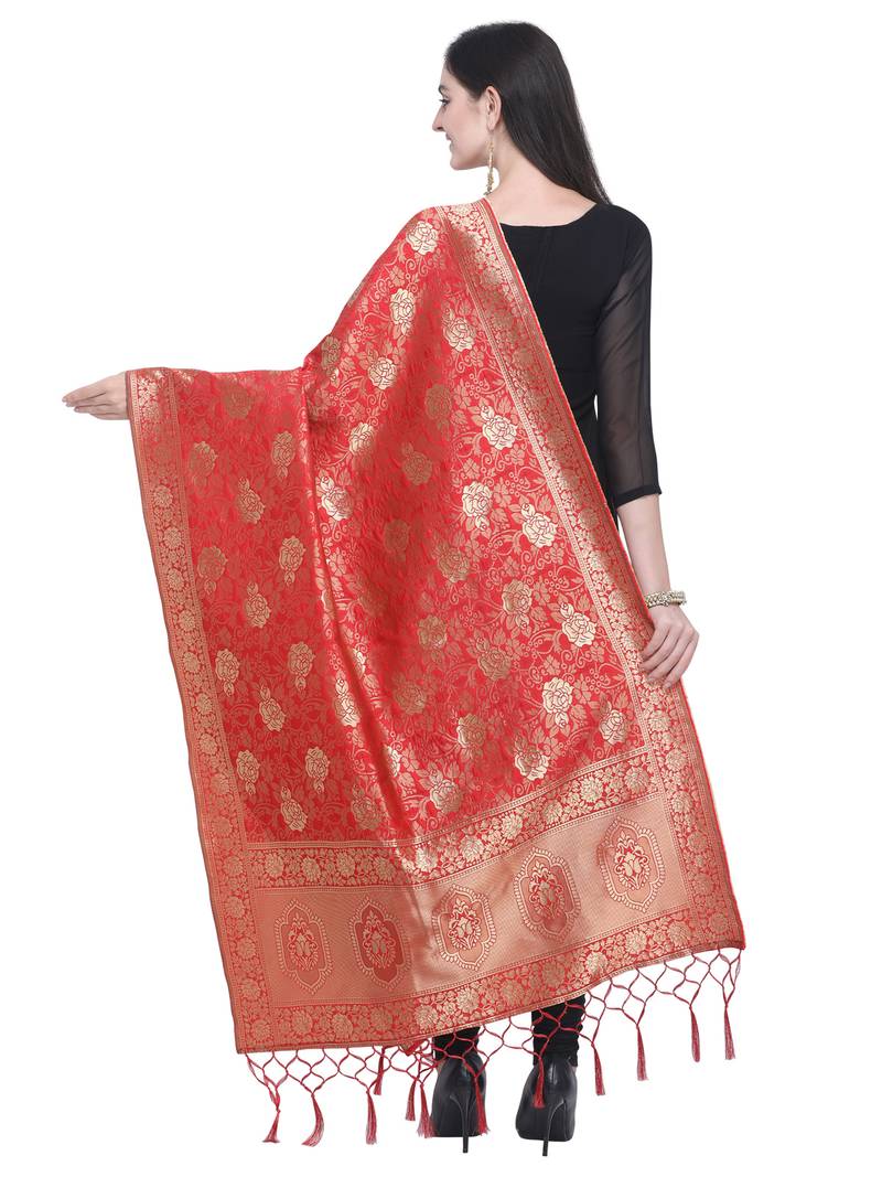 Red Poly Silk Banarasi Womens Dupatta