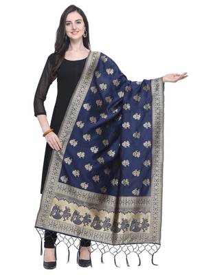 Navy Blue Poly Silk Banarasi Womens Dupatta 1