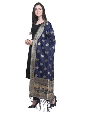 Navy Blue Poly Silk Banarasi Womens Dupatta 2