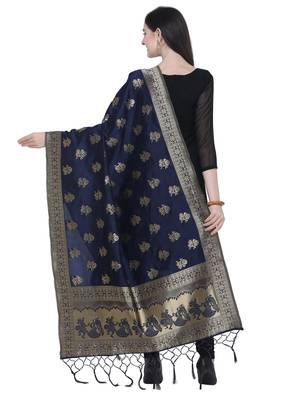 Navy Blue Poly Silk Banarasi Womens Dupatta 3