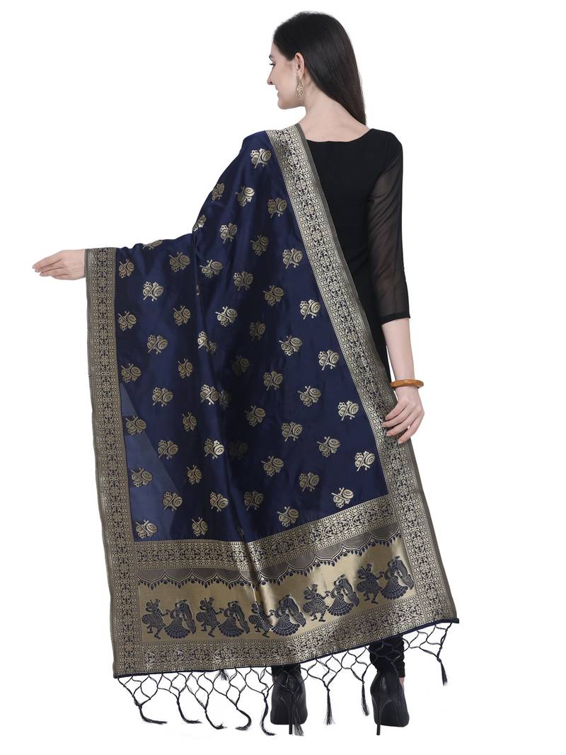 Navy Blue Poly Silk Banarasi Womens Dupatta