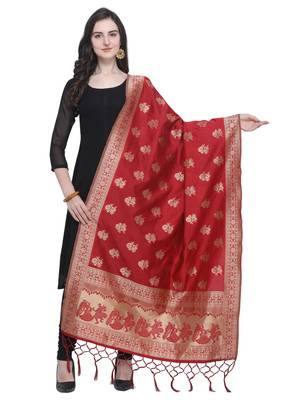 Red Poly Silk Banarasi Womens Dupatta 1