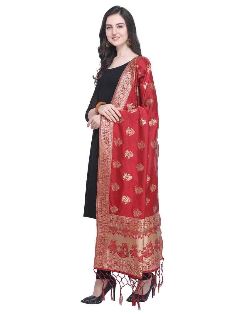 Red Poly Silk Banarasi Womens Dupatta