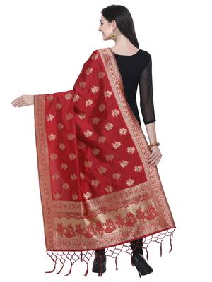 Red Poly Silk Banarasi Womens Dupatta 3