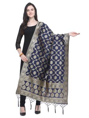 Navy Blue Poly Silk Banarasi Womens Dupatta 1