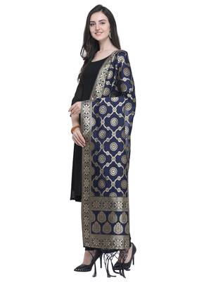 Navy Blue Poly Silk Banarasi Womens Dupatta 2