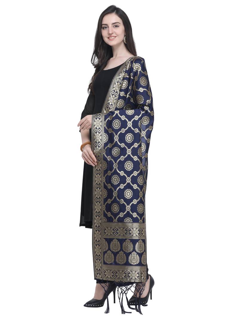 Navy Blue Poly Silk Banarasi Womens Dupatta