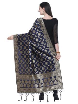 Navy Blue Poly Silk Banarasi Womens Dupatta 3