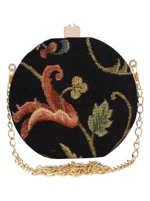 Loom Jacquard Fabric Round Clutch Black & Multi 1