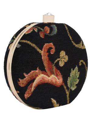 Loom Jacquard Fabric Round Clutch Black & Multi 2