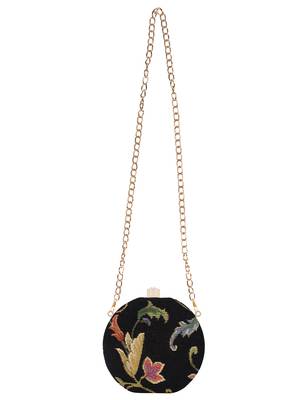 Loom Jacquard Fabric Round Clutch Black & Multi 4