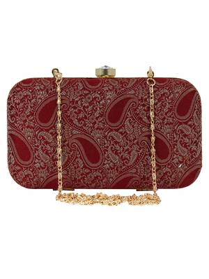 Tulle Faux Silk Fabric Printed Clutch Maroon & Gold 1