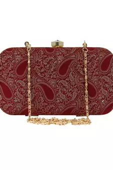 Tulle Faux Silk Fabric Printed Clutch Maroon & Gold