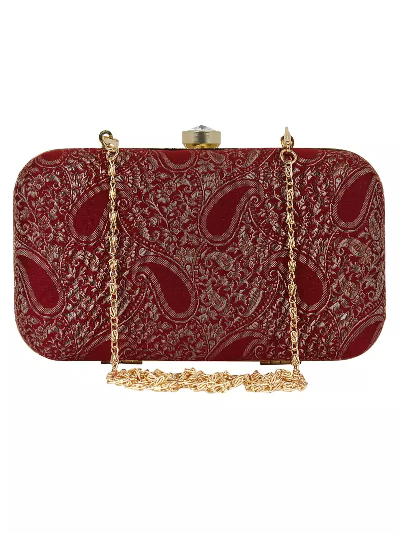 Tulle Faux Silk Fabric Printed Clutch Maroon & Gold