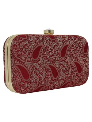 Tulle Faux Silk Fabric Printed Clutch Maroon & Gold 2