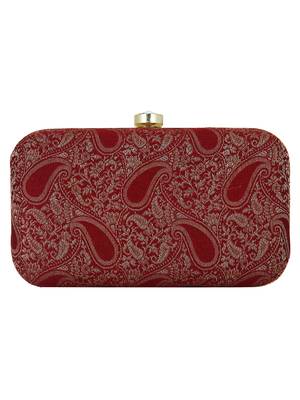 Tulle Faux Silk Fabric Printed Clutch Maroon & Gold 3