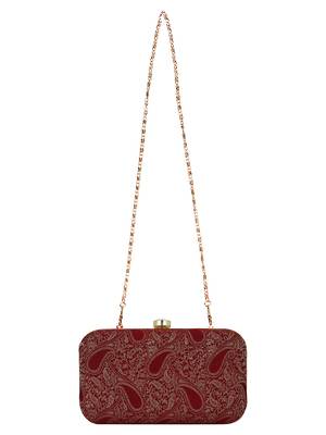 Tulle Faux Silk Fabric Printed Clutch Maroon & Gold 4