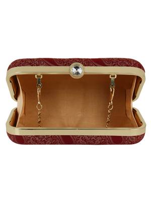 Tulle Faux Silk Fabric Printed Clutch Maroon & Gold 5