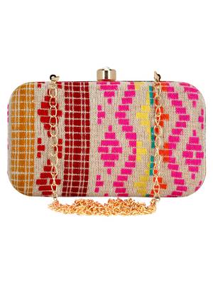 Loom Jacquard Fabric Clutch Beige & Multi 1