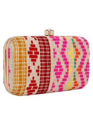 Loom Jacquard Fabric Clutch Beige & Multi 2