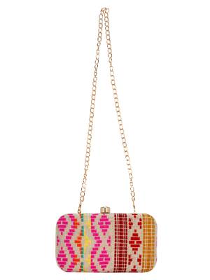 Loom Jacquard Fabric Clutch Beige & Multi 4
