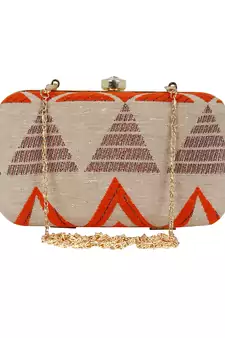 Hyperbole Fabric jacquard Textured Clutch Beige & Orange