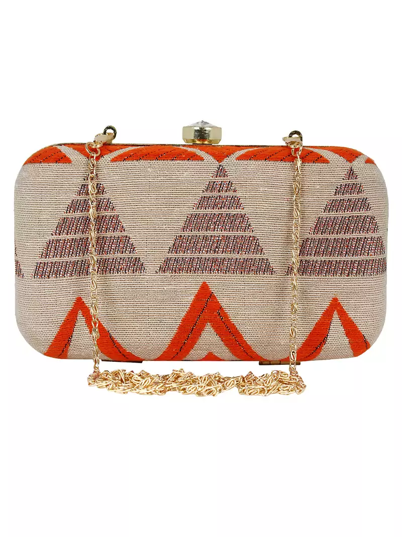 Hyperbole Fabric jacquard Textured Clutch Beige & Orange