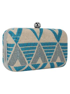 Hyperbole Fabric jacquard Textured Clutch Beige & Blue 2