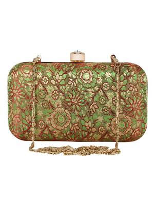 Tulle Raw Silk Fabric Printed Clutch Green & Gold 1