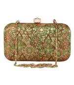 Tulle Raw Silk Fabric Printed Clutch Green & Gold