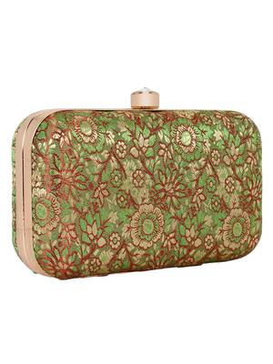 Tulle Raw Silk Fabric Printed Clutch Green & Gold 2