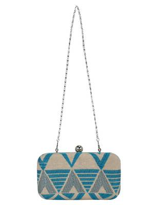 Hyperbole Fabric jacquard Textured Clutch Beige & Blue 4