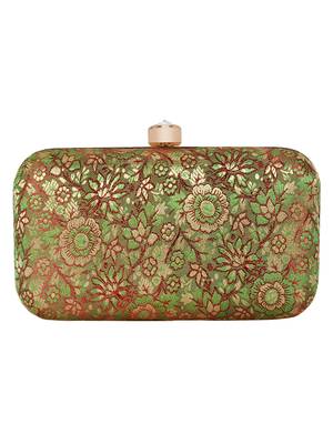 Tulle Raw Silk Fabric Printed Clutch Green & Gold 3